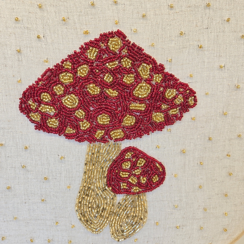 Hand Beaded Embroidery Red Mushrooms Hoop Wall Decor New with Tag - Picture 2 of 11